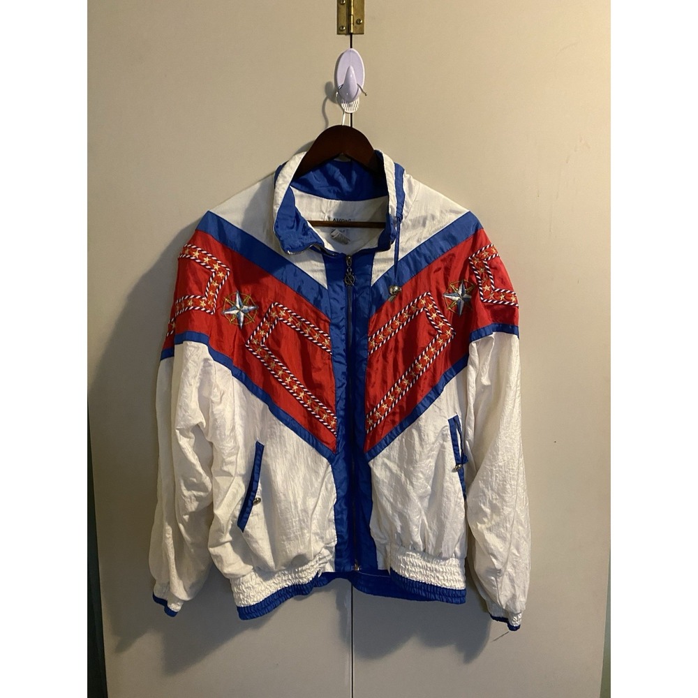 Lavon Windbreaker Jacket Mens L Red White Blue Good Vintage 80s Nautical Nylon